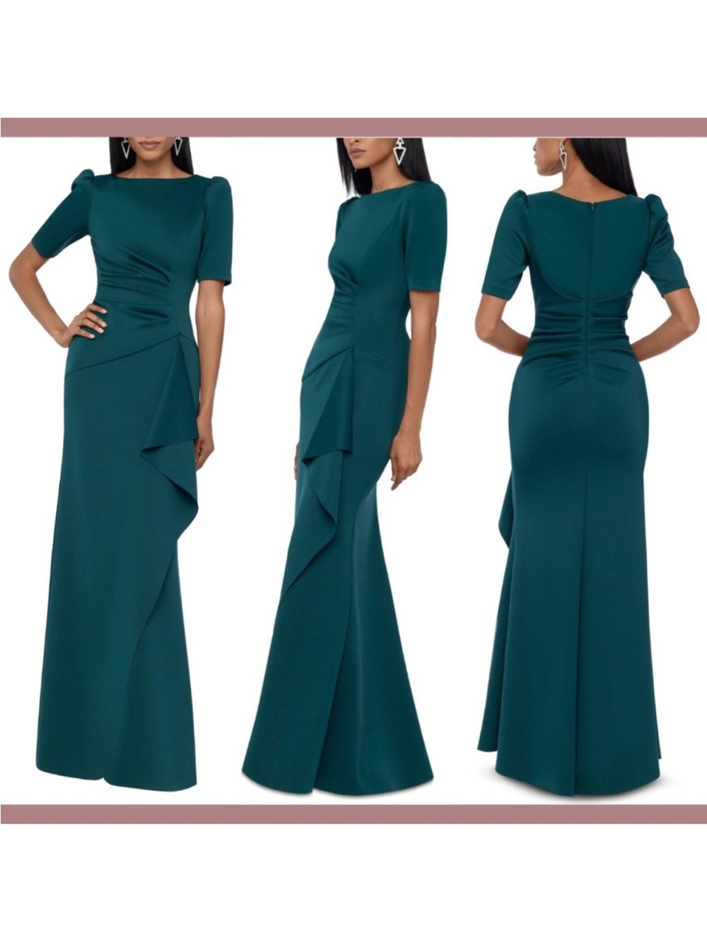 Elegant emerald green Ruffle-Front Evening Gown scuba